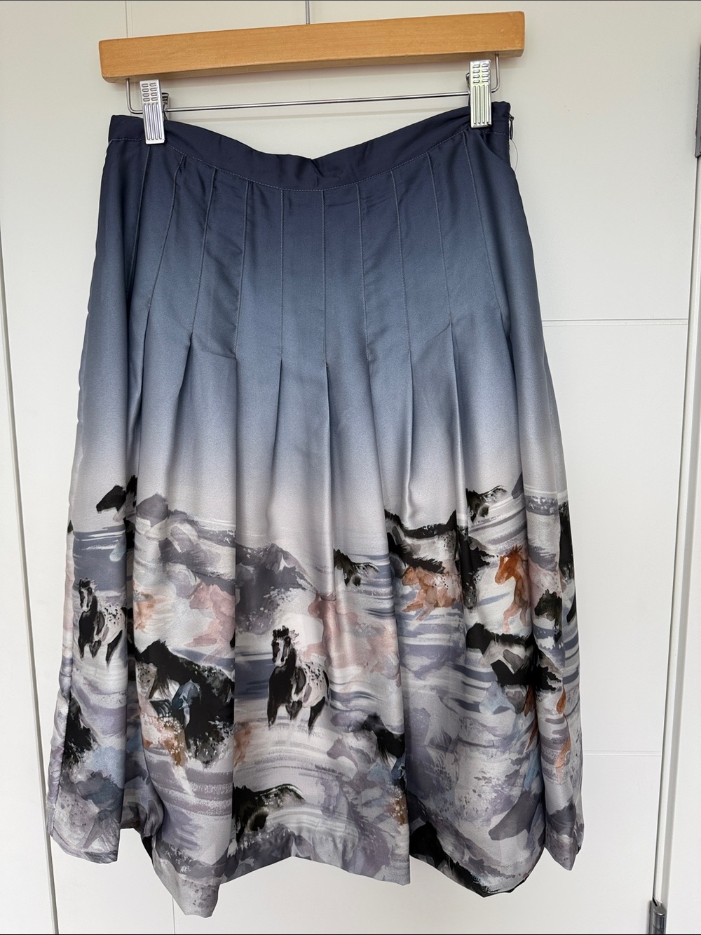Tristan Blue-Gray Gradient Midi Skirt with Horse Print